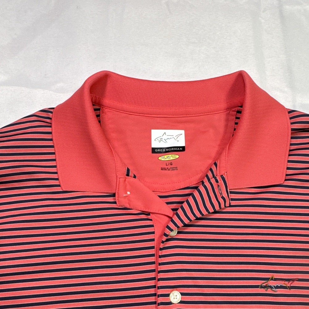 Greg Norman Play Dry Men's L Pink/Navy Striped SS Golf Polo Collared Stretch